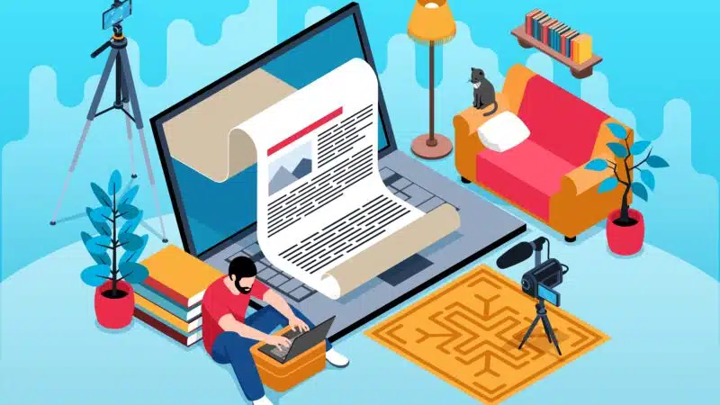 Isometric journalist concept with laptop and video blogger equipment vector illustration