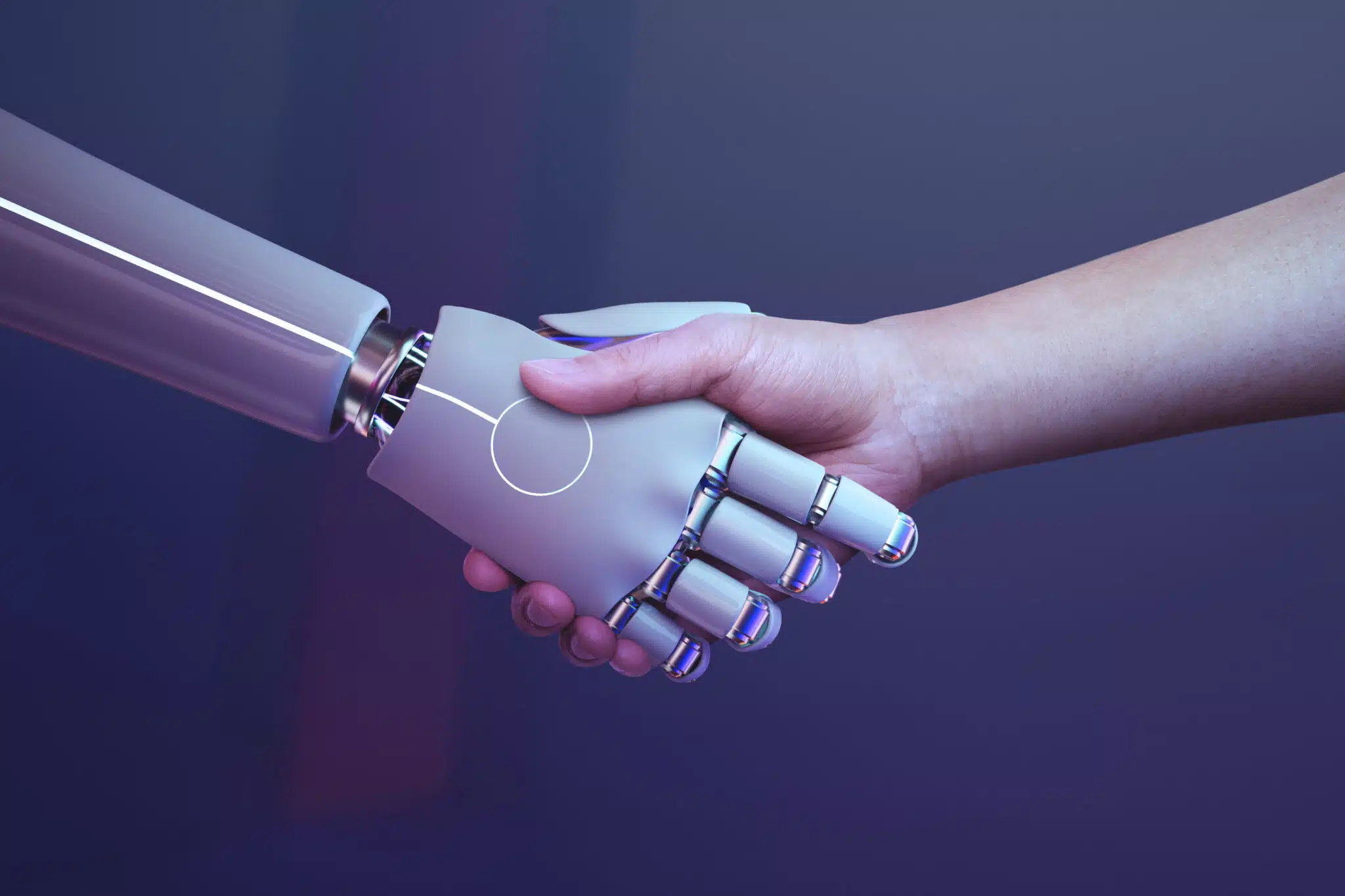 Robot handshake human background, futuristic digital age Emilie Giré e-closion webdesign ia intelligence artificielle blog post image