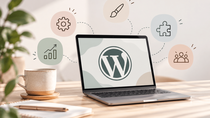Espace de travail WordPress pastel pour article de Blog "pourquoi choisir WordPress"