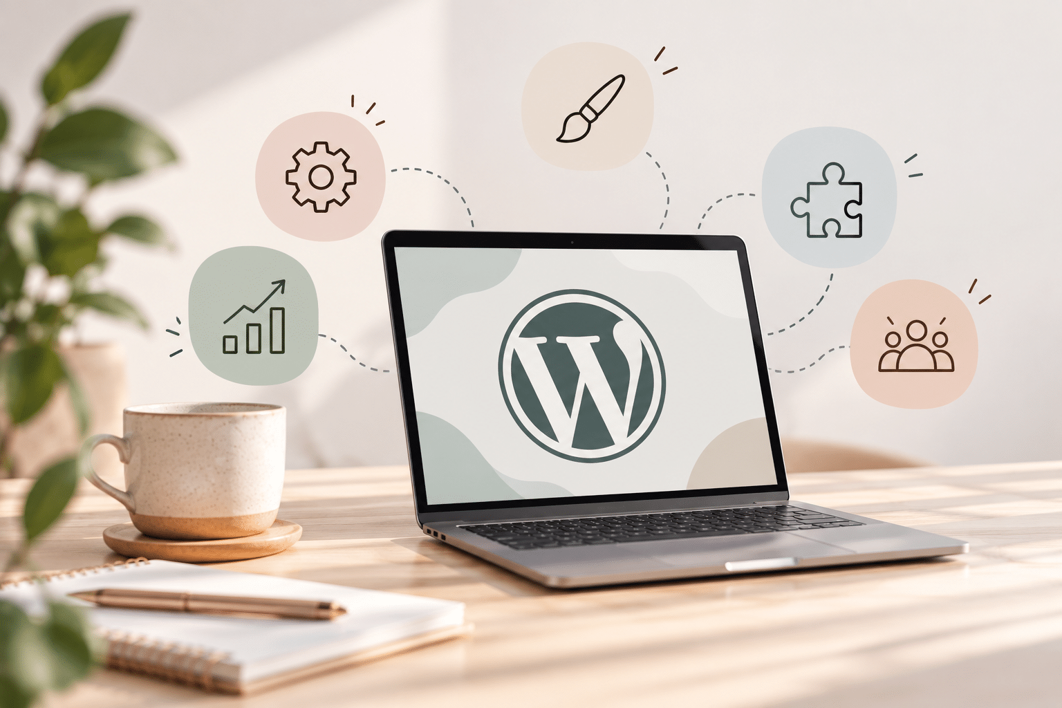 Espace de travail WordPress pastel pour article de Blog "pourquoi choisir WordPress"