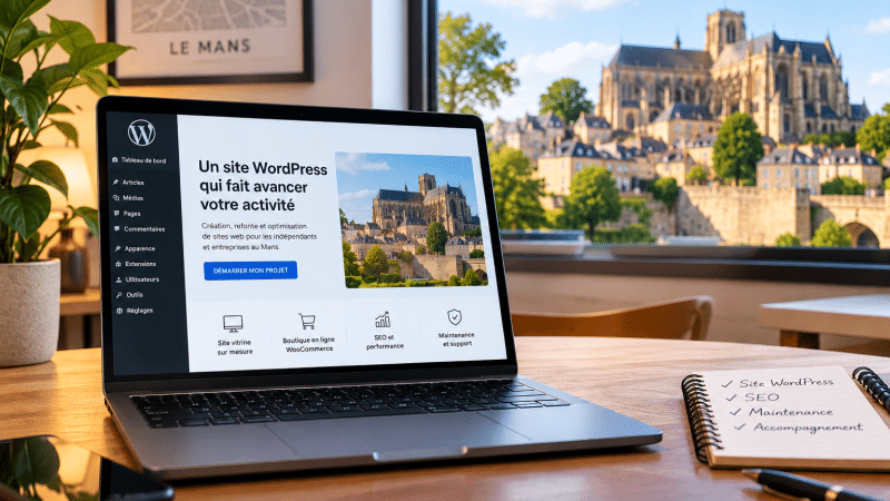 laptop on desktop with a view on cathedrale du Mans St Julien - blog E-CLOSION comment bien choisir son expert freelance web ?