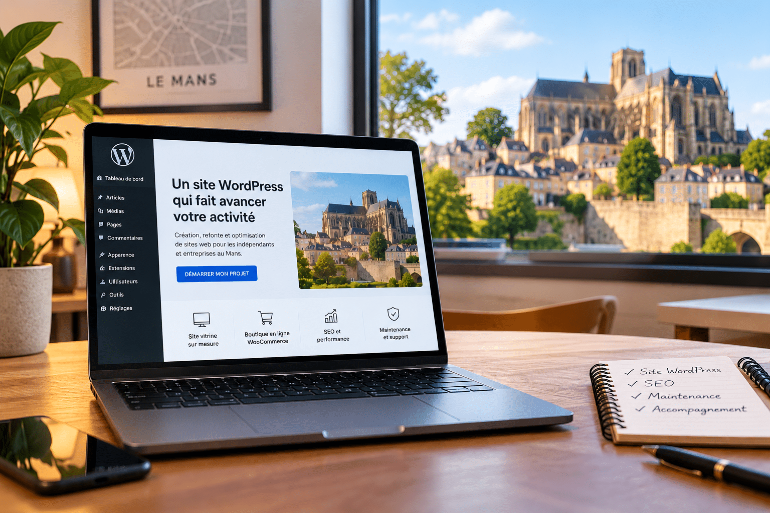 laptop on desktop with a view on cathedrale du Mans St Julien - blog E-CLOSION comment bien choisir son expert freelance web ?